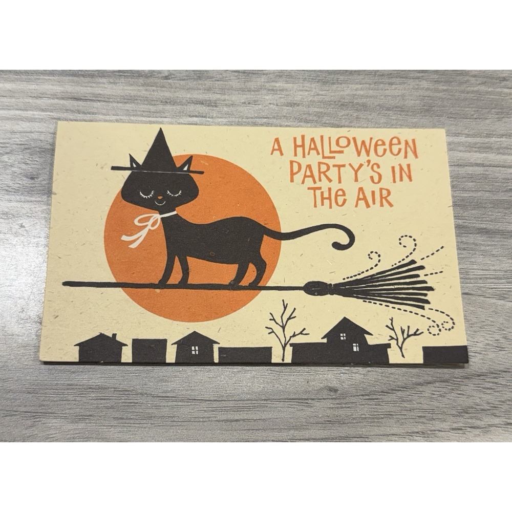 Vintage American Greetings Halloween Party Invitation Black Cat Witch Broom Card